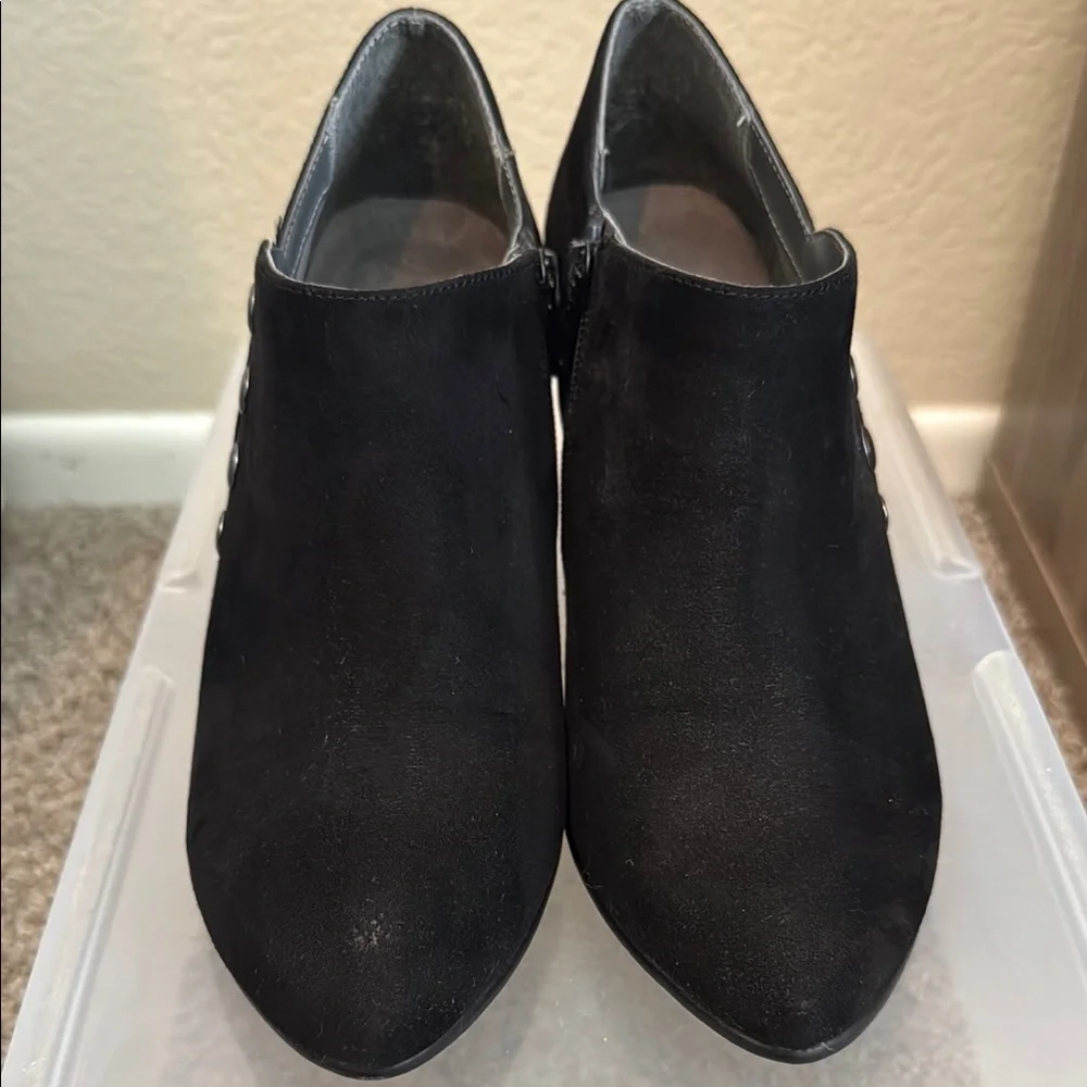 Like New - AEROSOLES Black Heeled Boots with Metallic Accents - Picture 2 of 5